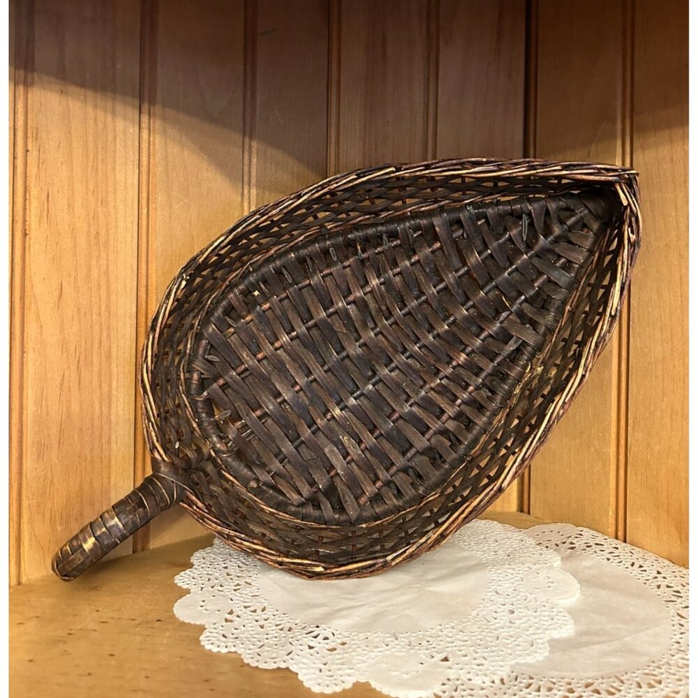 Vintage Handwoven Signed Madeira Leaf-Shaped Wicker Basket Boho Catchall Tray